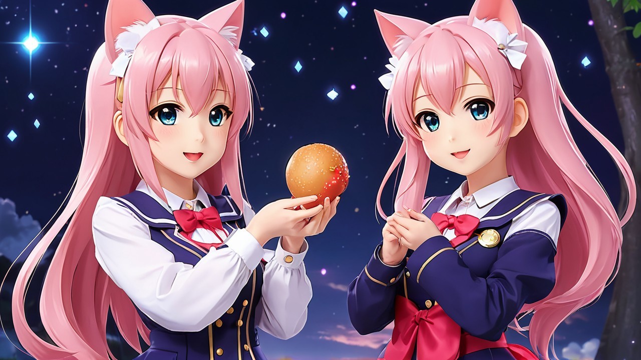 Anime Characters with Pink Hair Under Starry Sky