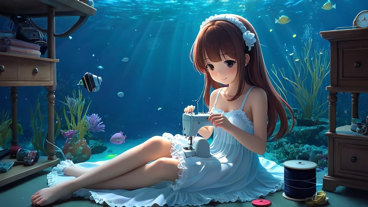 Young girl sewing on ocean floor with marine life