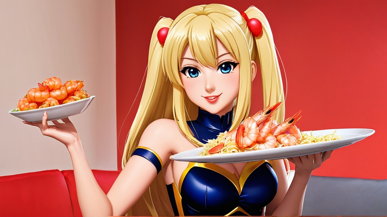 Anime Character with Shrimp Dishes and Cheerful Pose
