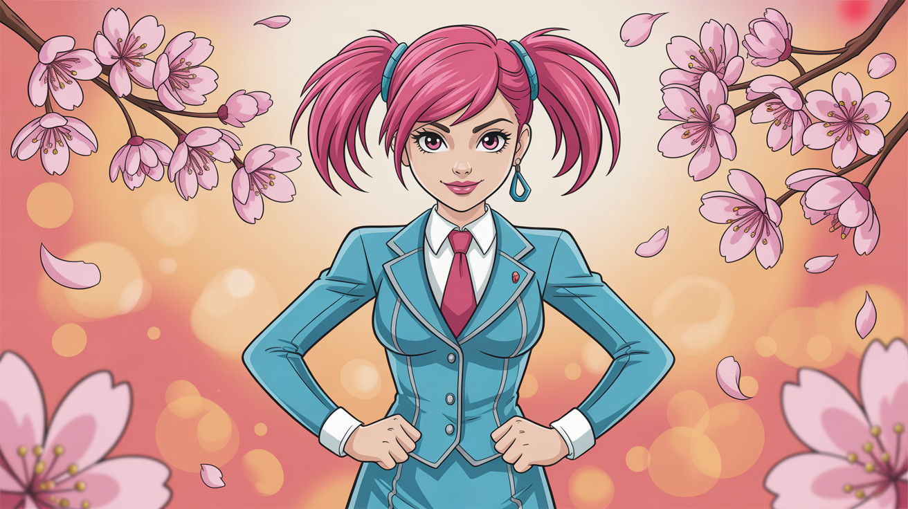 Anime Woman with Pink Hair in Suit Against Bokeh Background