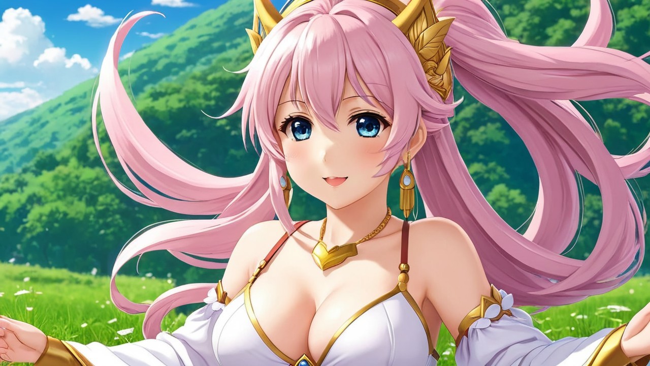 Vibrant Anime Character in Sunny Field with Blue Sky