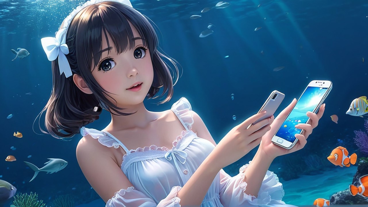 Young woman underwater with smartphones and marine life