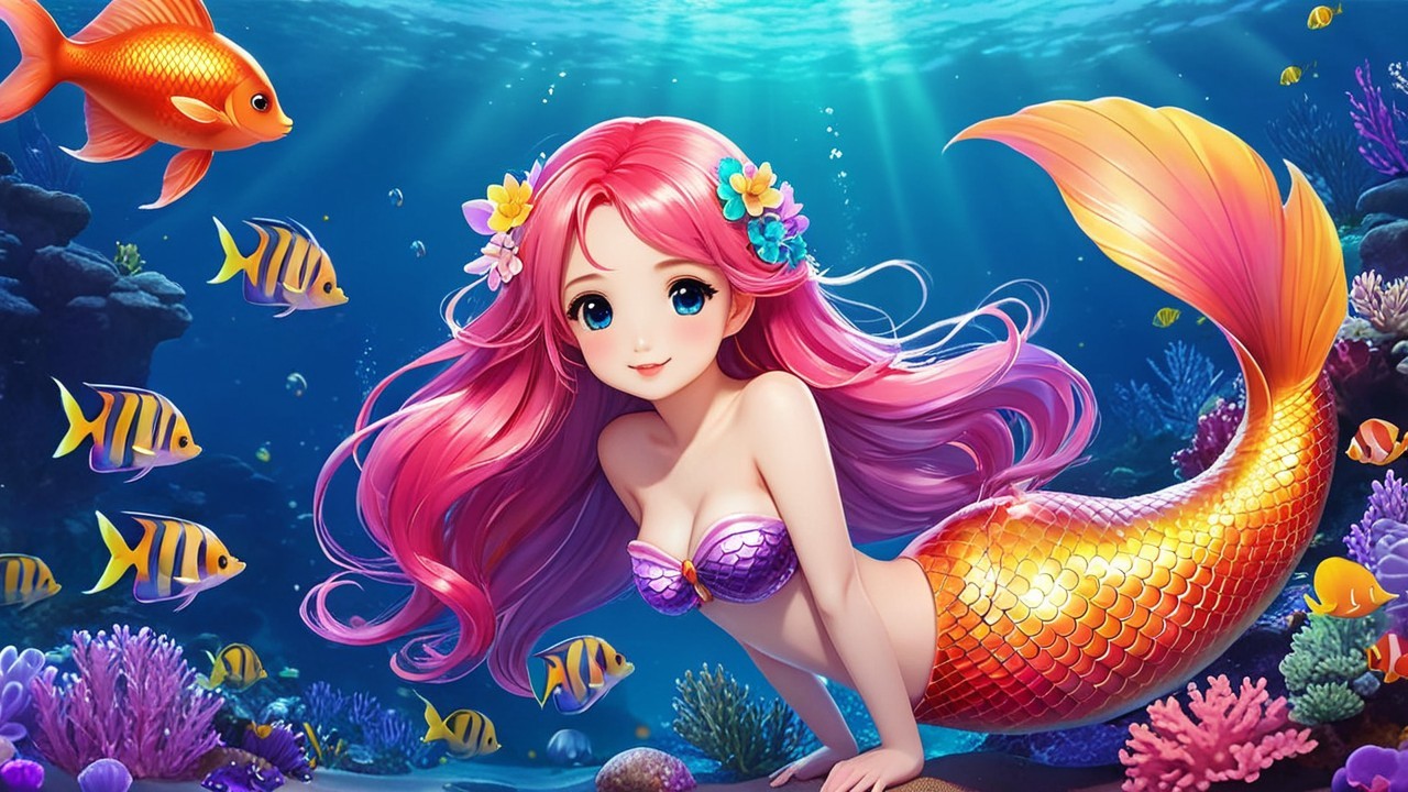 Vibrant Underwater Scene with Cheerful Mermaid
