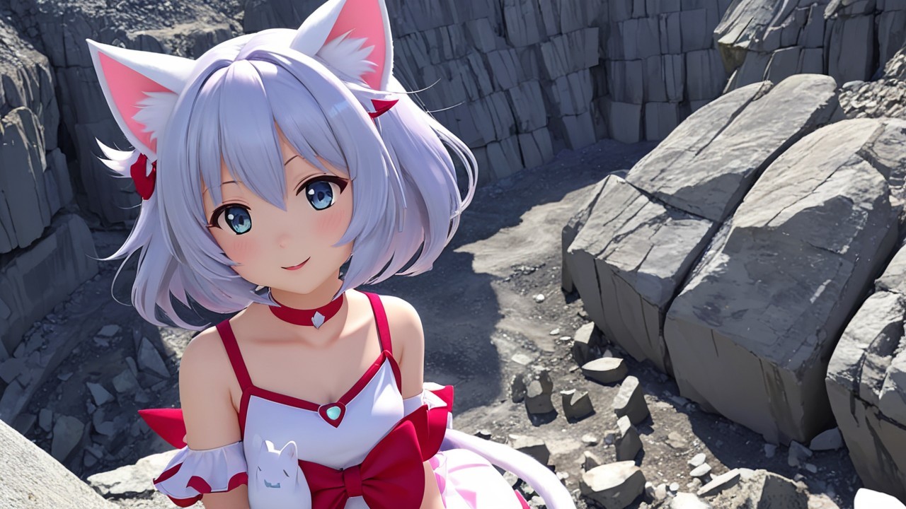Anime Character with Cat Ears in Rocky Landscape