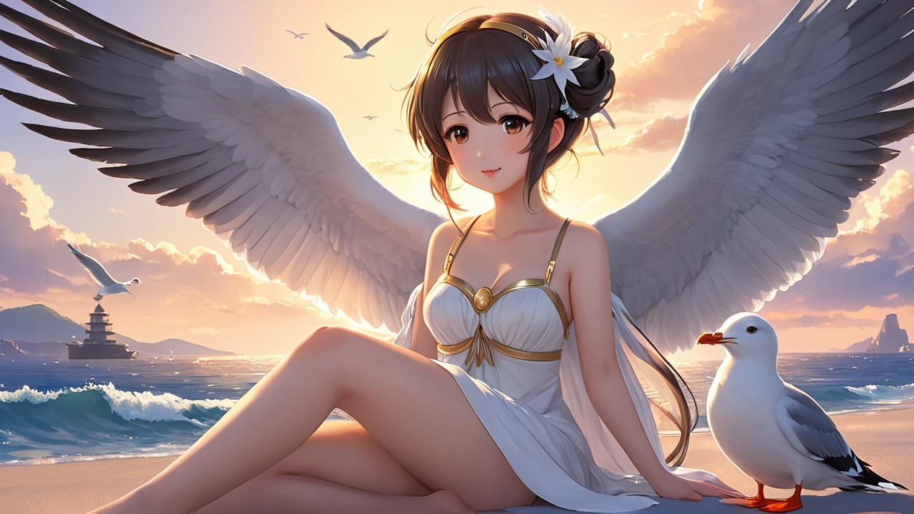 Young girl with wings on beach at sunset