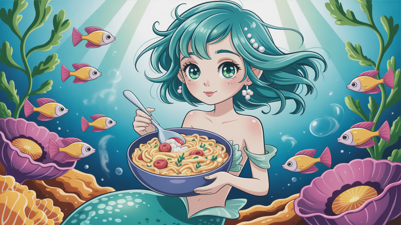 Cute mermaid illustration with pasta and sea life