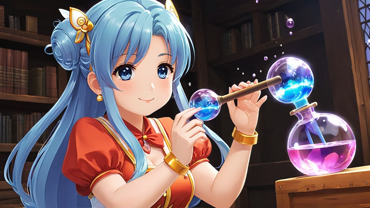 Young girl mixing colorful potions in a library
