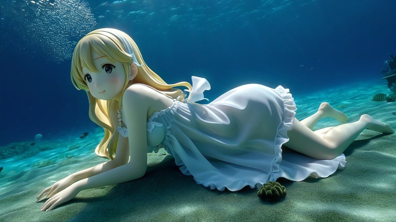 Underwater Scene with Anime Girl in White Dress