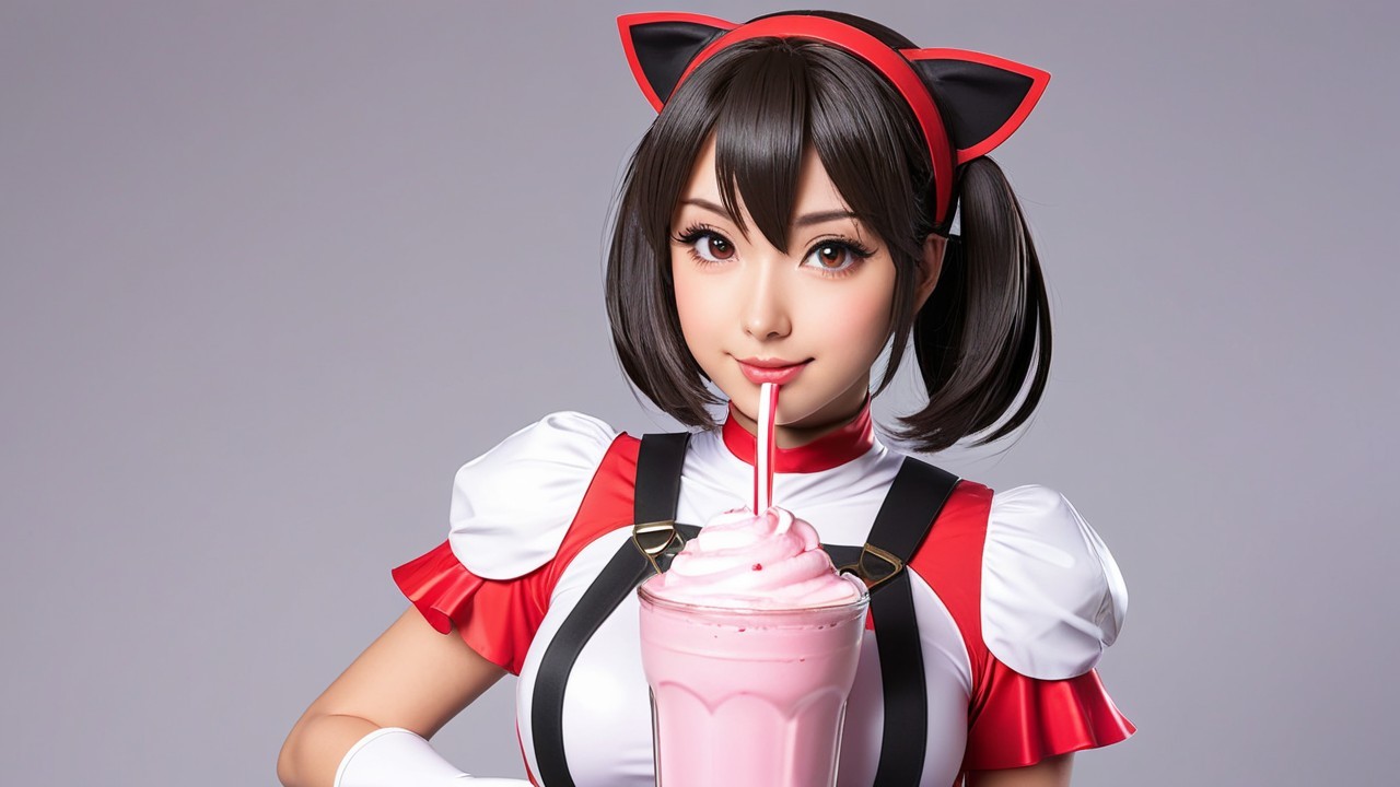 Anime Character in Playful Outfit with Milkshake