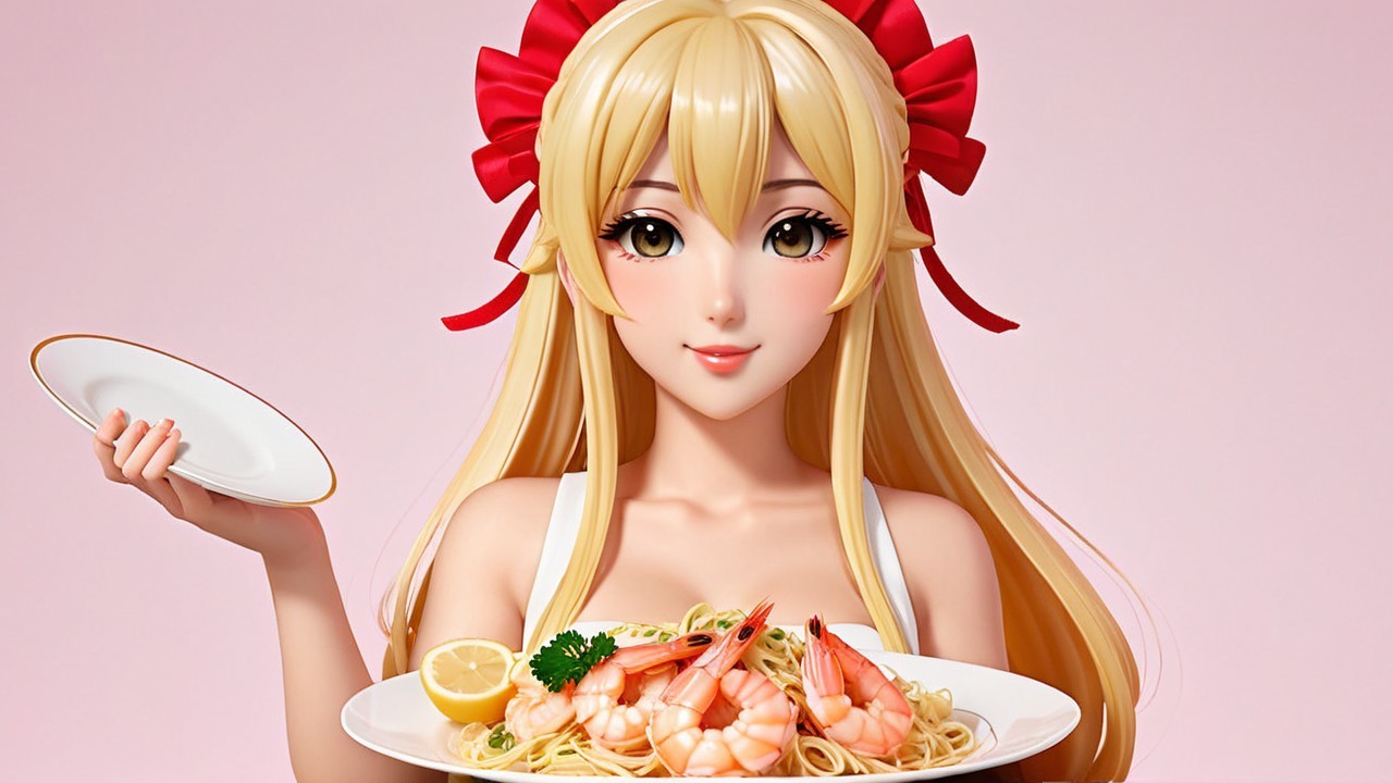 Cheerful anime character with shrimp pasta and ribbon