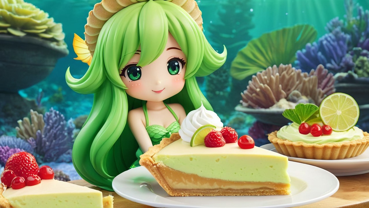 Mermaid-themed character with desserts in underwater scene