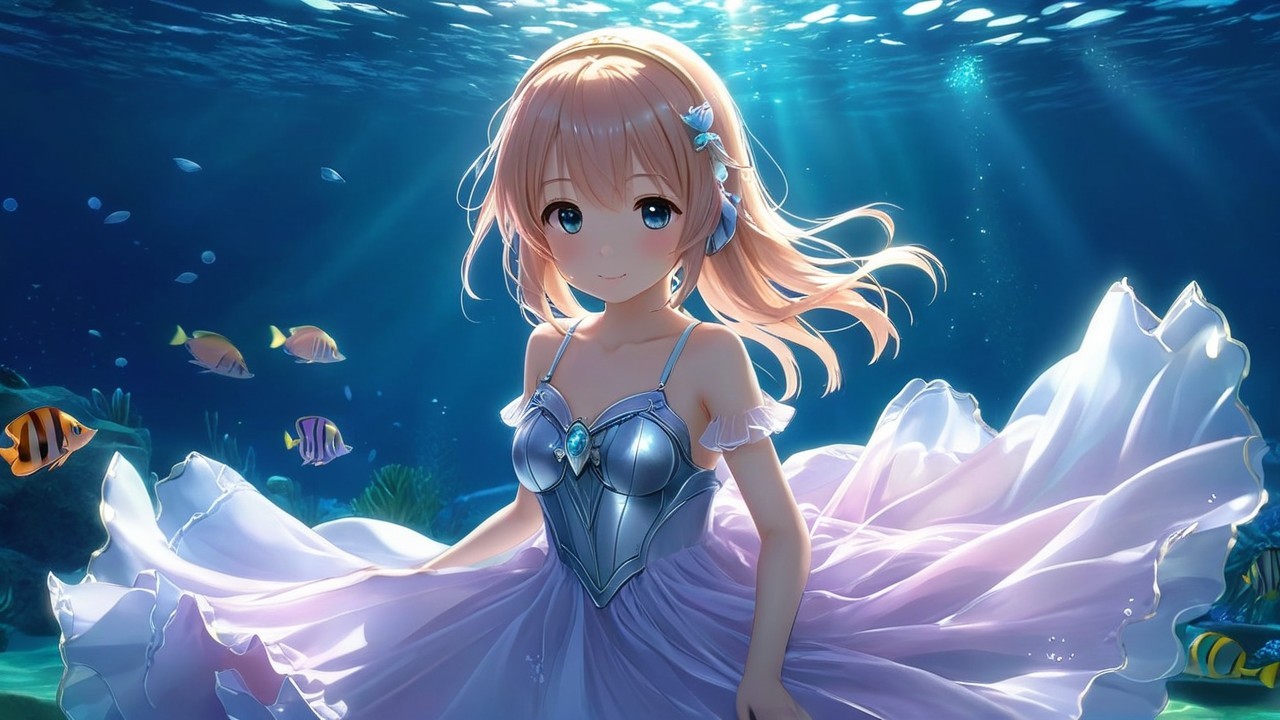 Young girl in silver dress gracefully underwater
