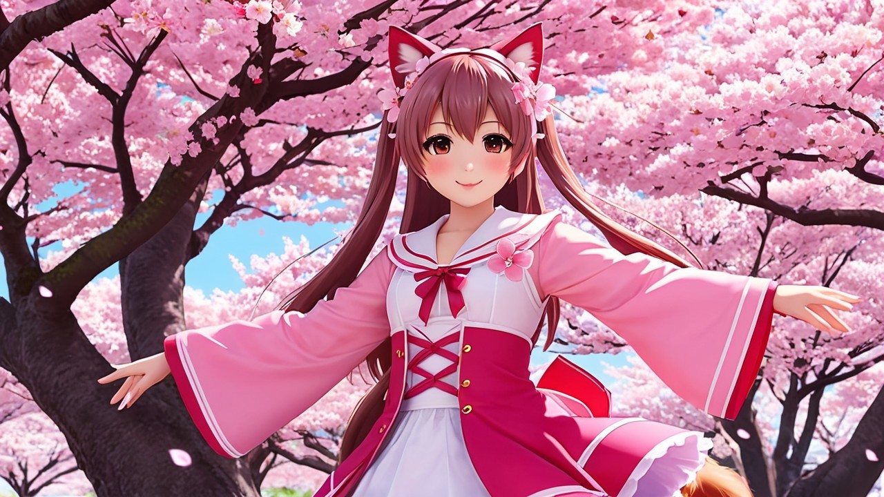 Anime girl with fox ears in cherry blossoms scene