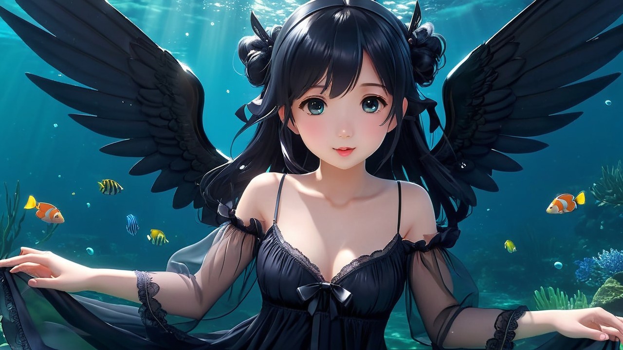 Young girl with fins in magical underwater scene