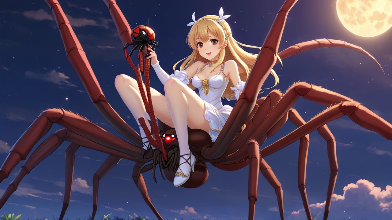 Fantasy Scene of Woman on Giant Spider at Night