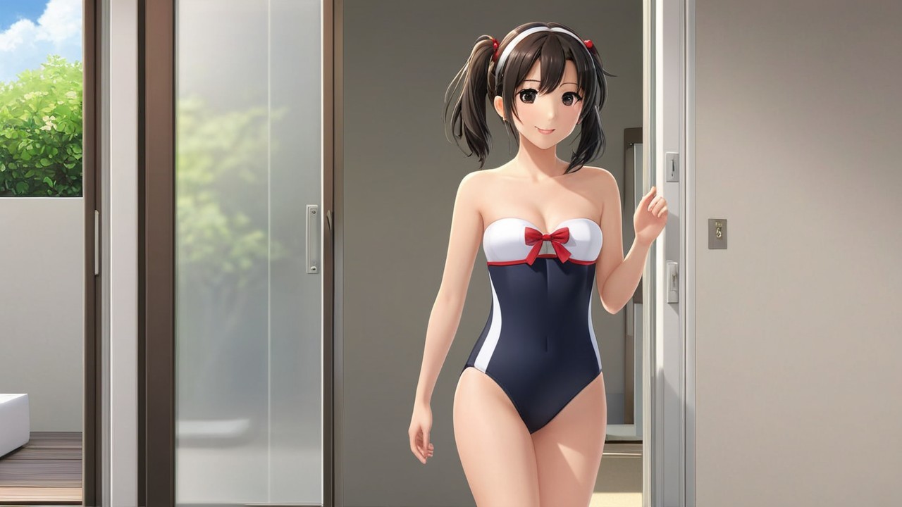 Cheerful girl in navy swimsuit with summer backdrop