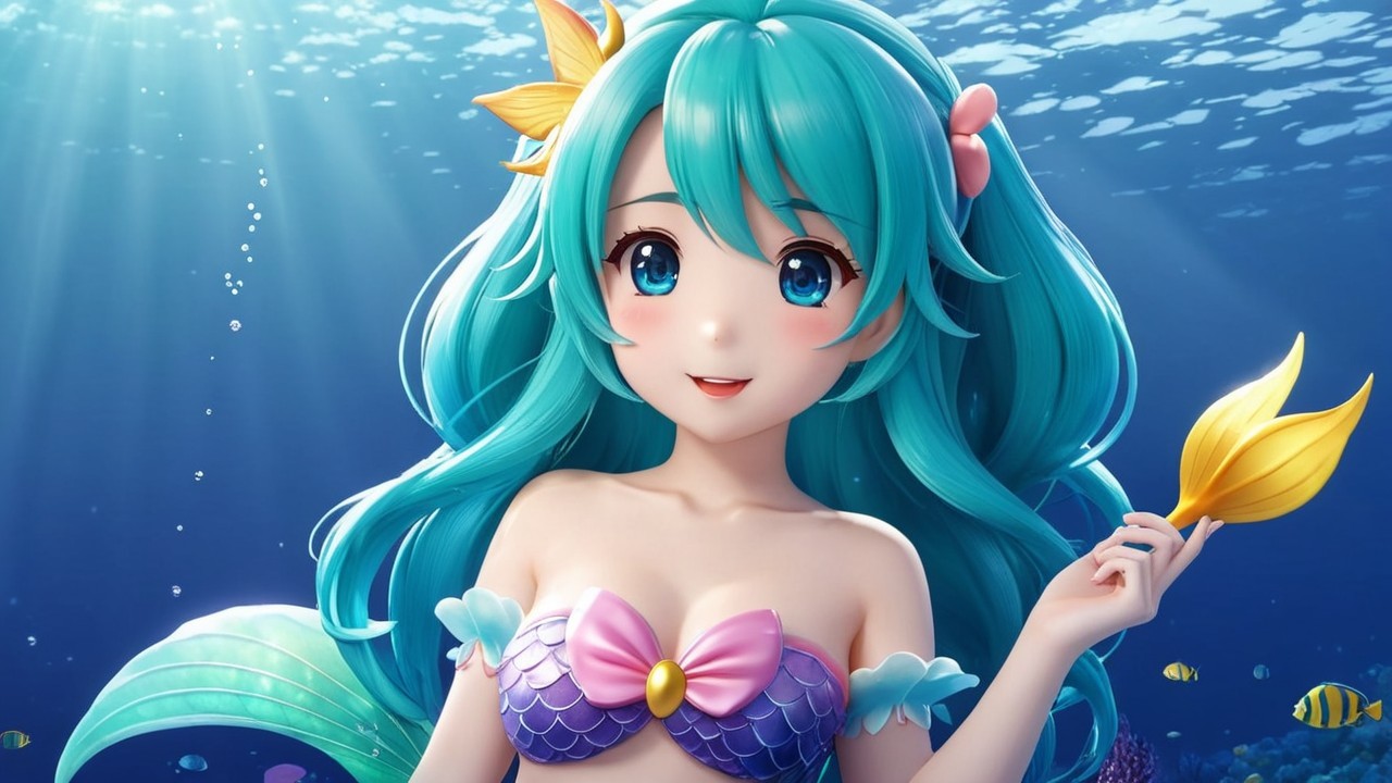 Vibrant Underwater Scene with Cheerful Mermaid