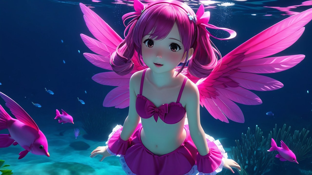 Whimsical Underwater Scene with Pink-Haired Girl