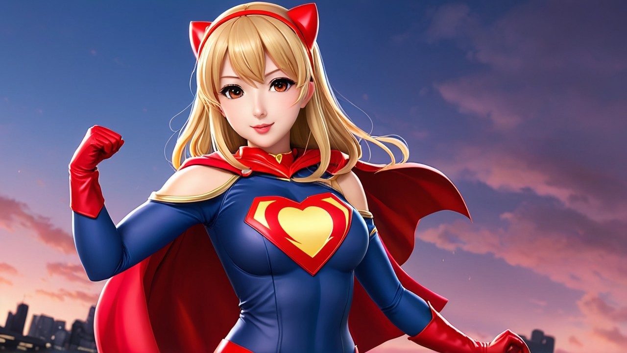 Female superhero in blue and red costume at sunset