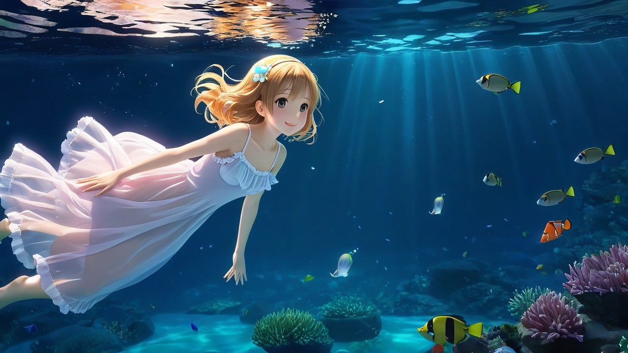 Underwater Scene with Girl in White Dress and Fish