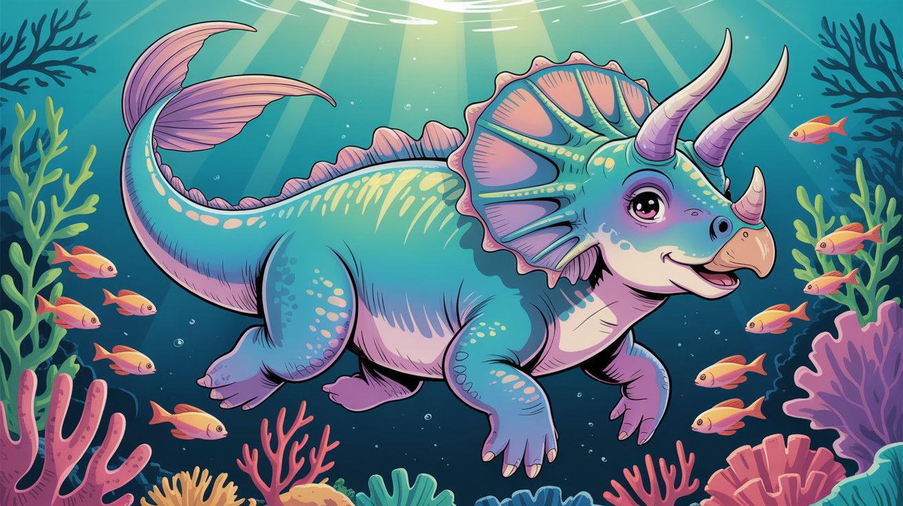 Colorful Cartoon Triceratops Swimming Underwater