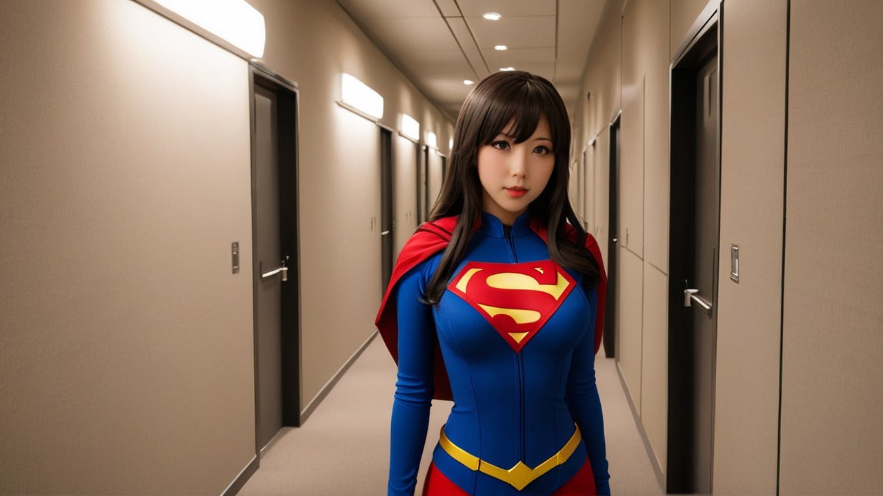 Superhero Character in Modern Hallway Setting