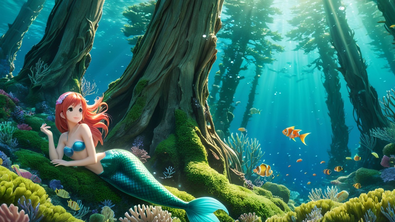 Vibrant Mermaid in Colorful Coral Underwater Scene