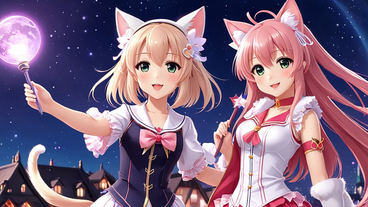 Cheerful anime characters with cat ears under stars