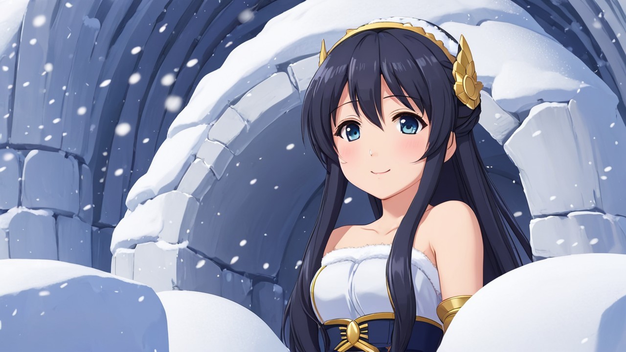 Young Woman in Snowy Landscape with Ice Archway