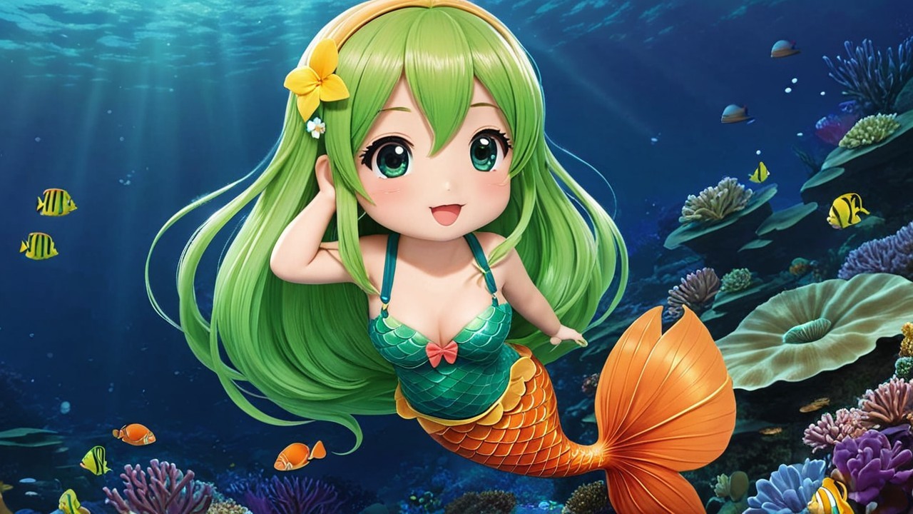 Cheerful animated mermaid in vibrant coral reef scene