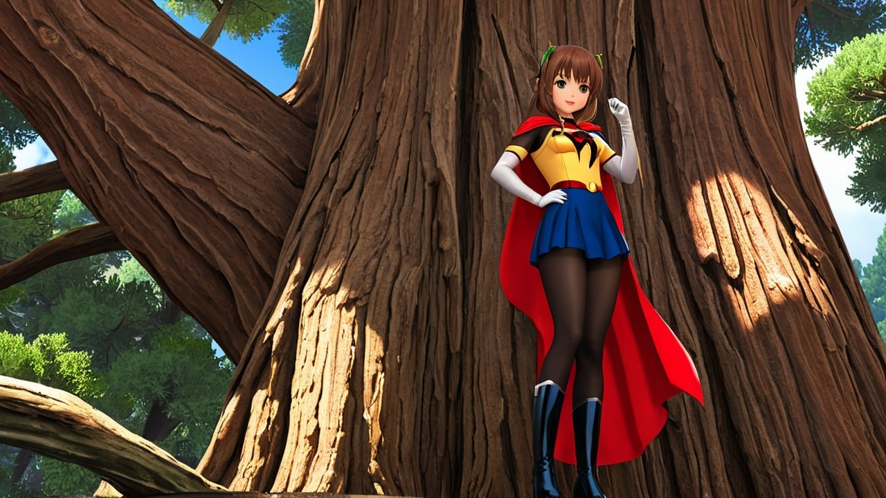 Stylized female character beside a large tree trunk