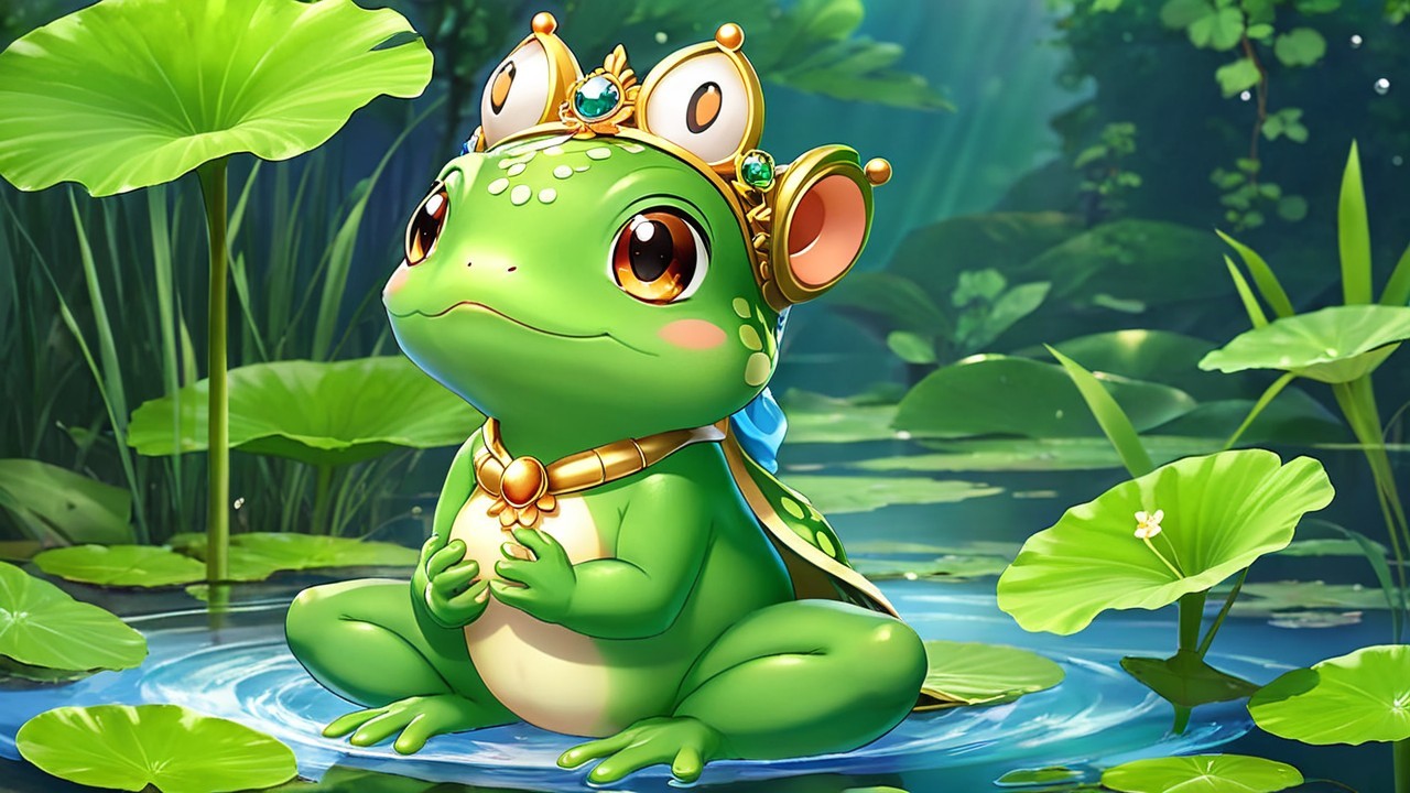 Cartoon Frog on Lily Pad with Golden Crown in Pond
