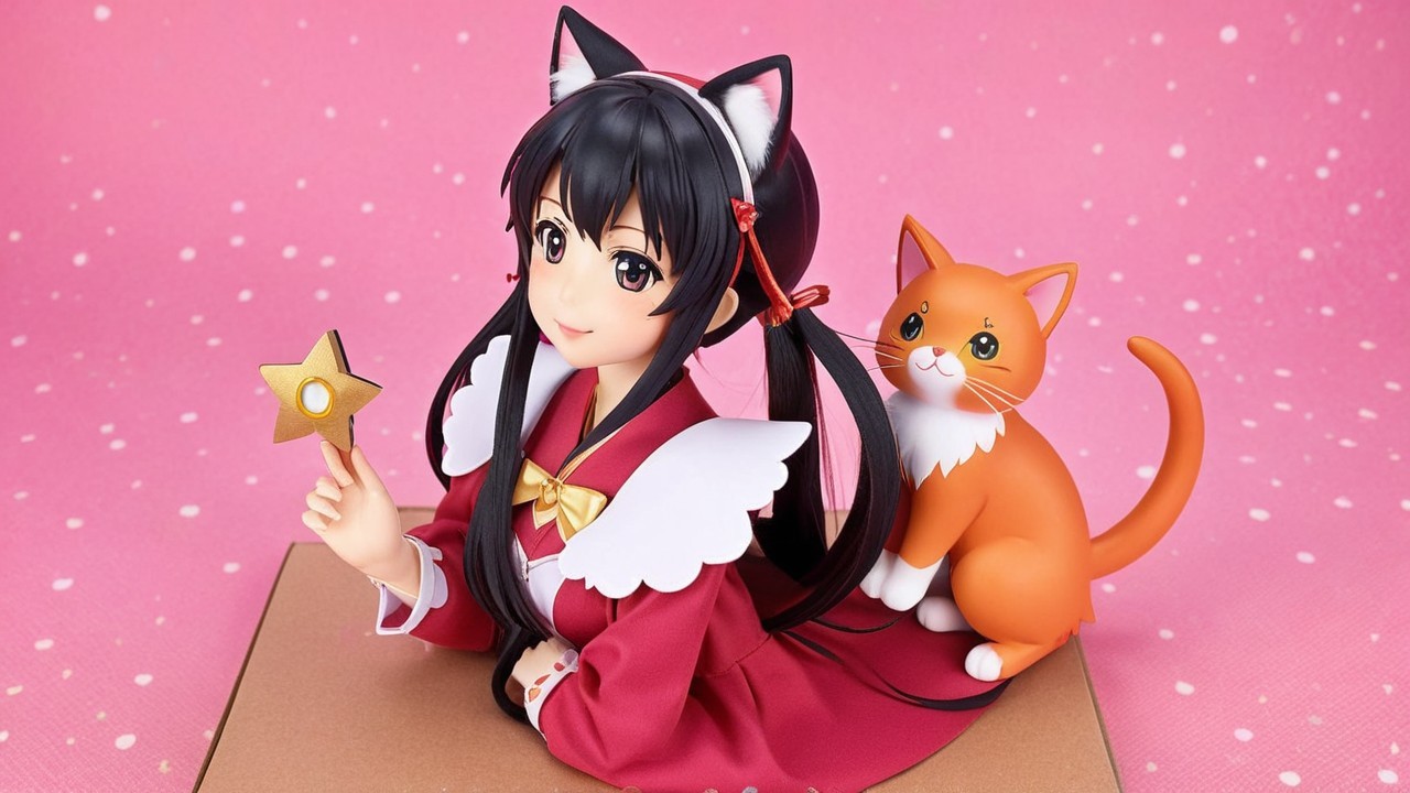 Girl with Cat Ears in Red Outfit and Orange Cat