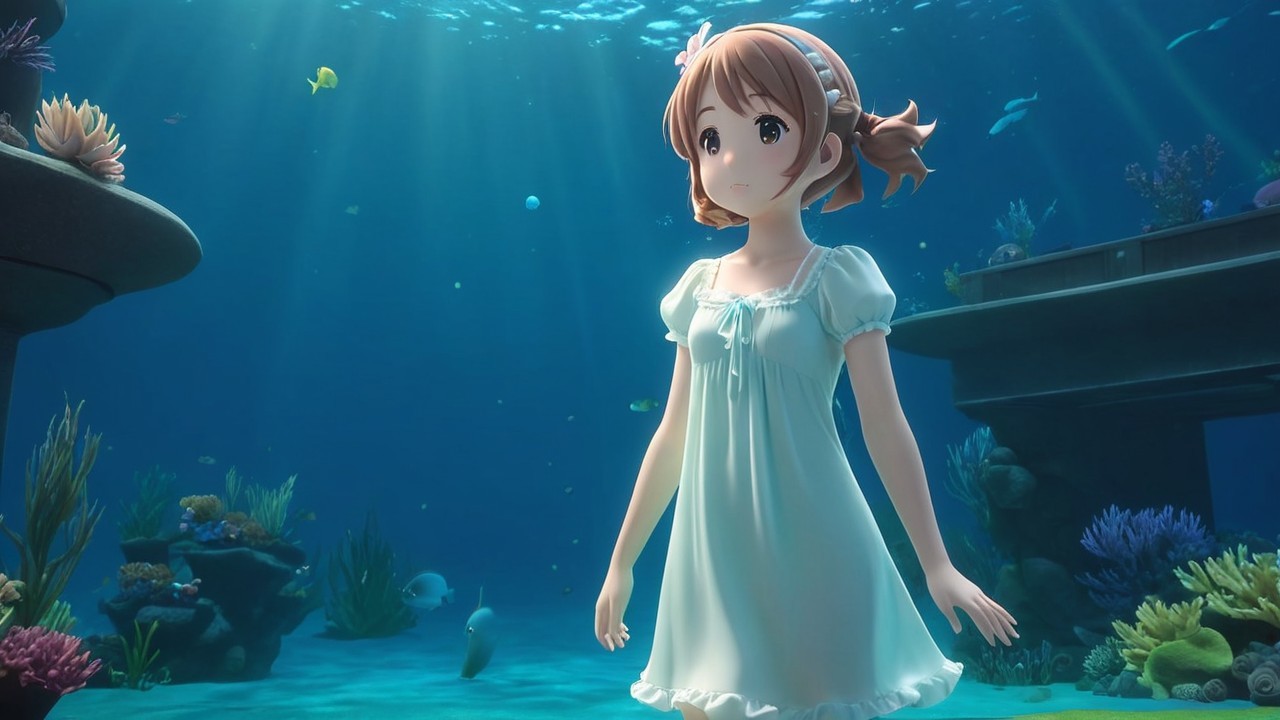 Young Girl in White Dress Underwater with Coral Reefs
