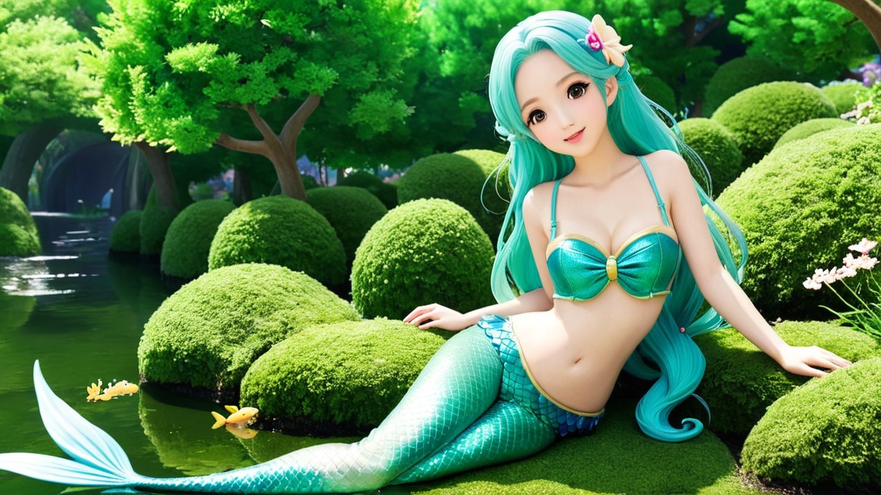 Mermaid by a serene pond with vibrant surroundings
