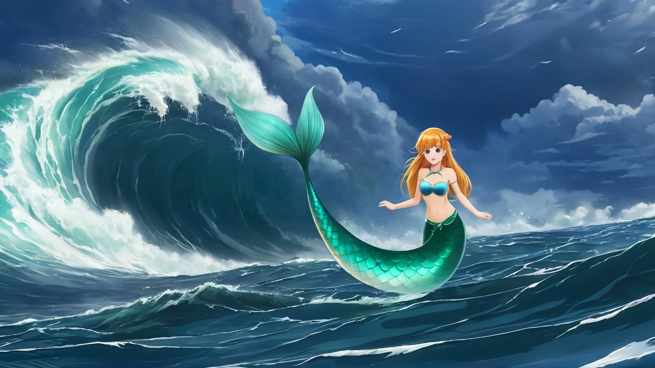 Mermaid with Orange Hair in Dynamic Ocean Scene