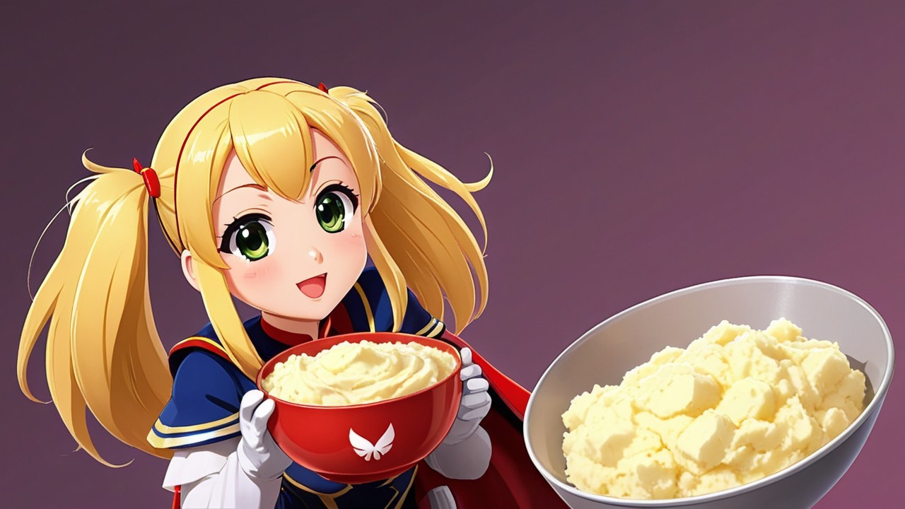 Cheerful anime girl with mashed potatoes in bowls