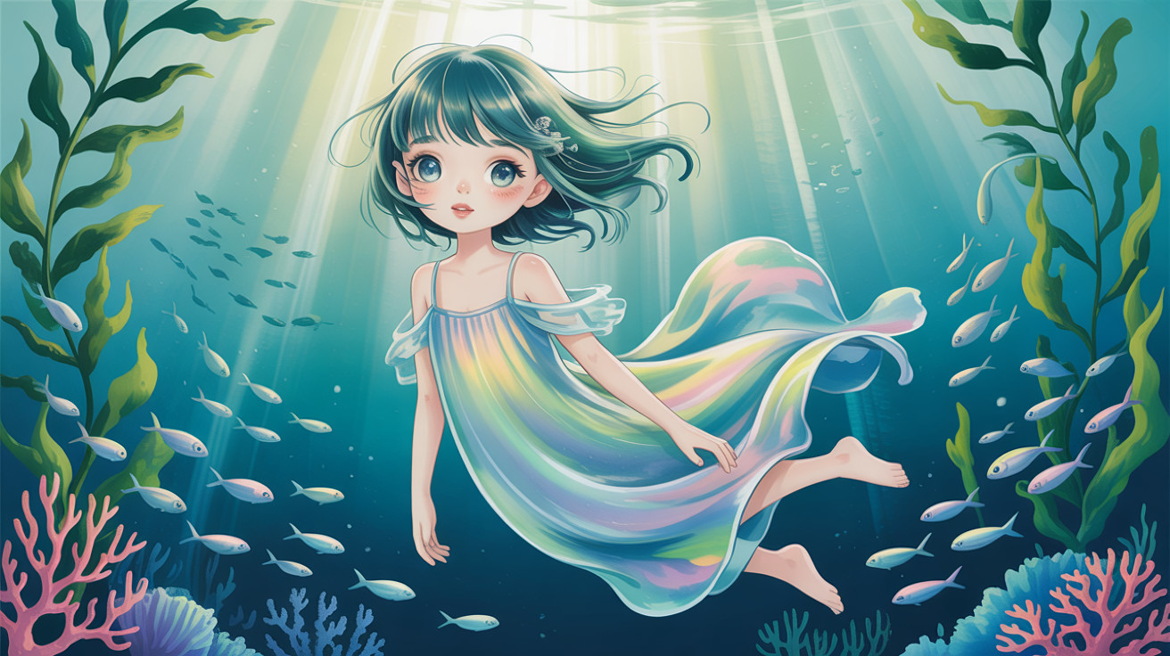 Underwater Digital Painting of Anime Girl in Pastel Dress