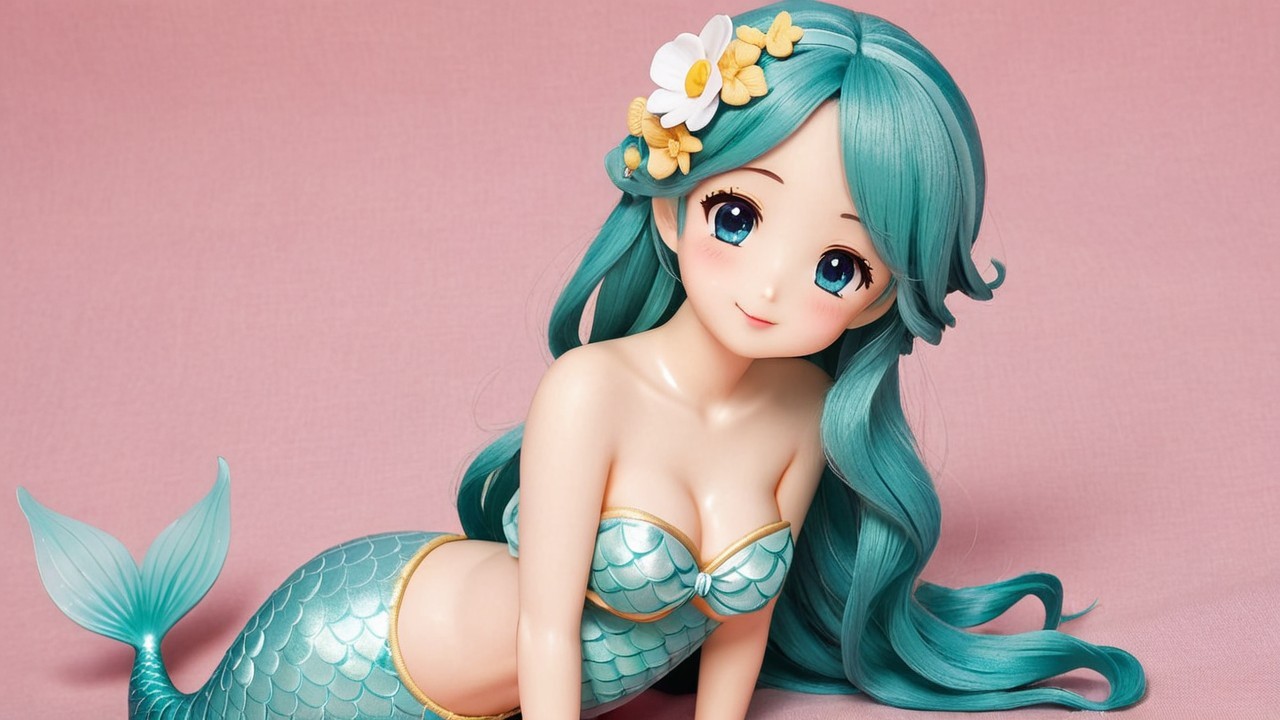 Anime-style mermaid figure with turquoise hair and scales
