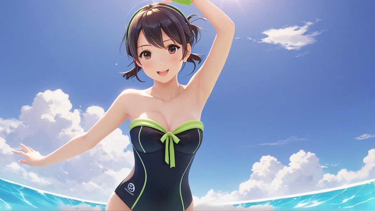 Cheerful anime character by a sparkling blue pool