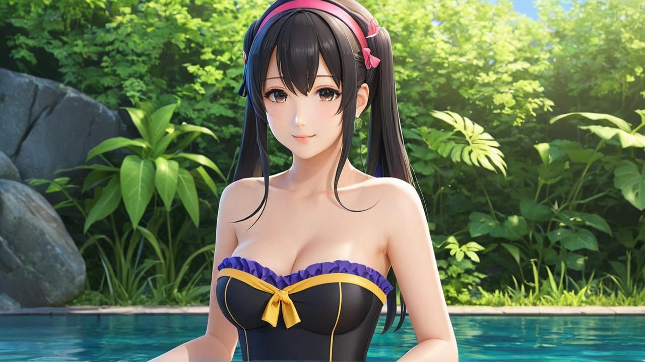 Young Woman in Stylish Swimsuit by Serene Pool