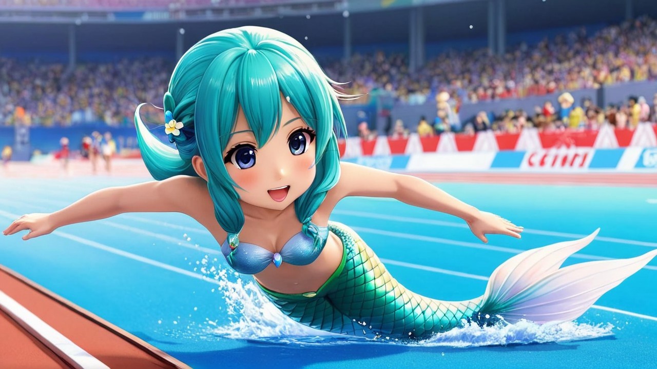 Animated Mermaid Diving in a Colorful Stadium Scene