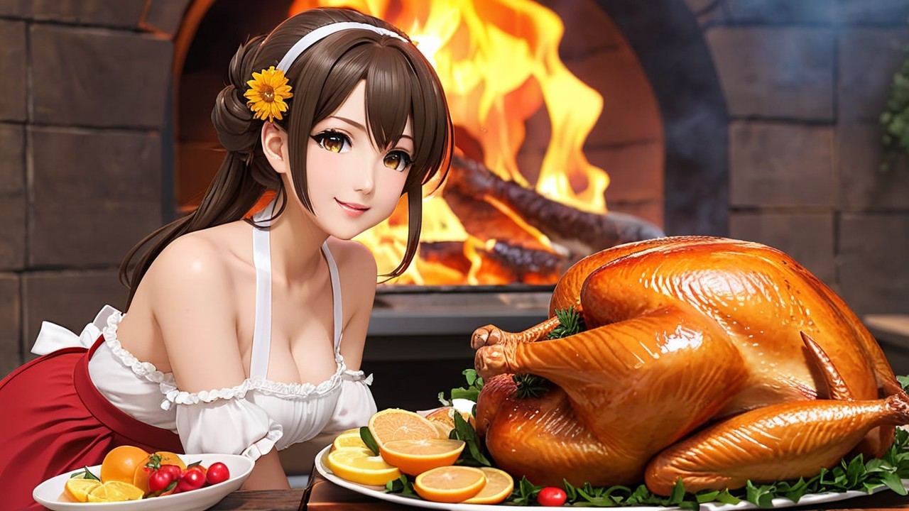 Cheerful Woman with Roasted Turkey by Fireplace