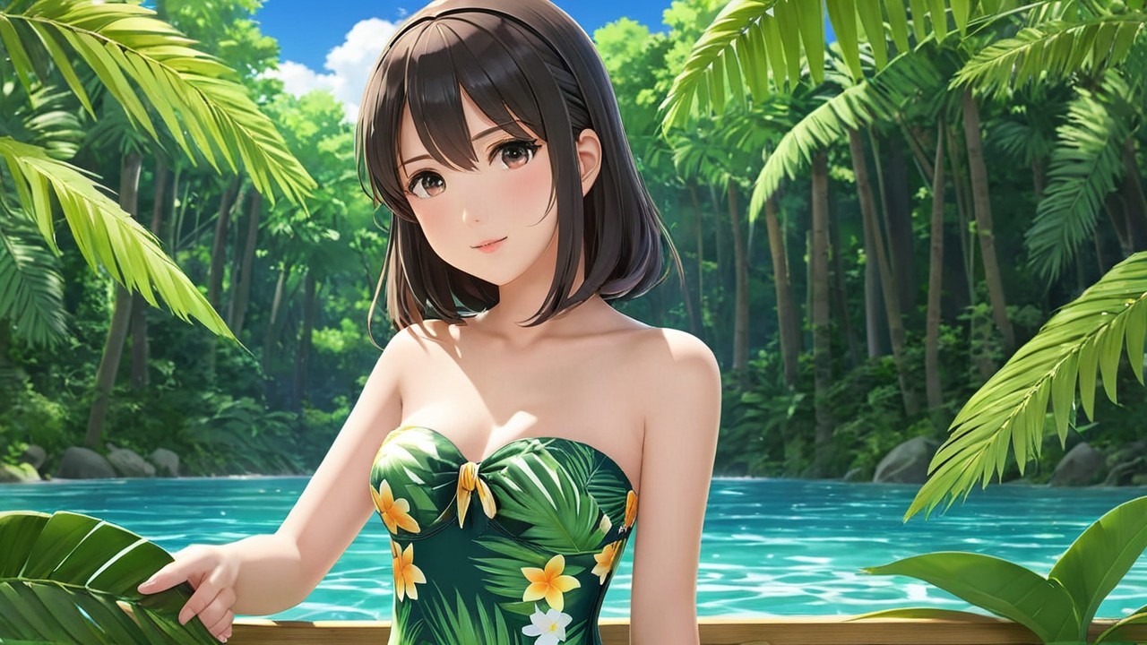 Young woman in swimsuit by blue water and foliage
