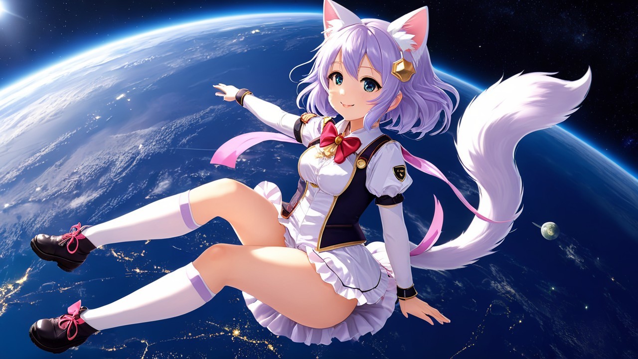 Cheerful Anime Character in Space with Earth Below