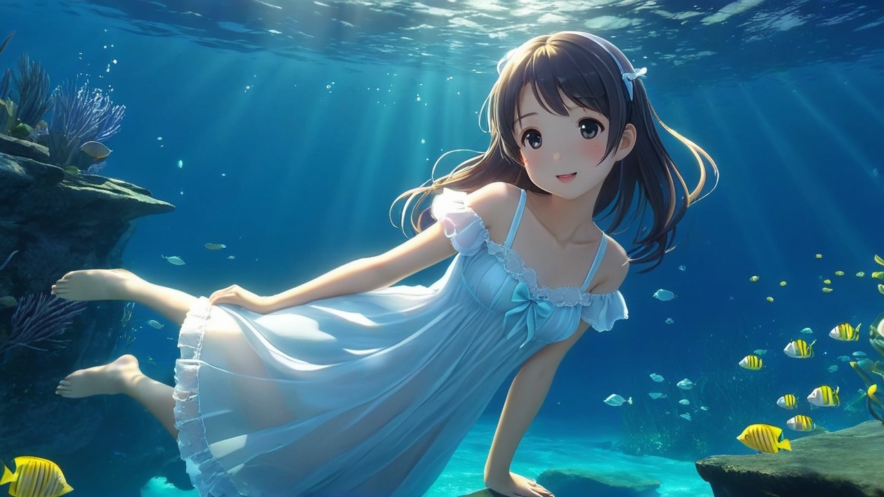Young Woman in White Dress Floating Underwater