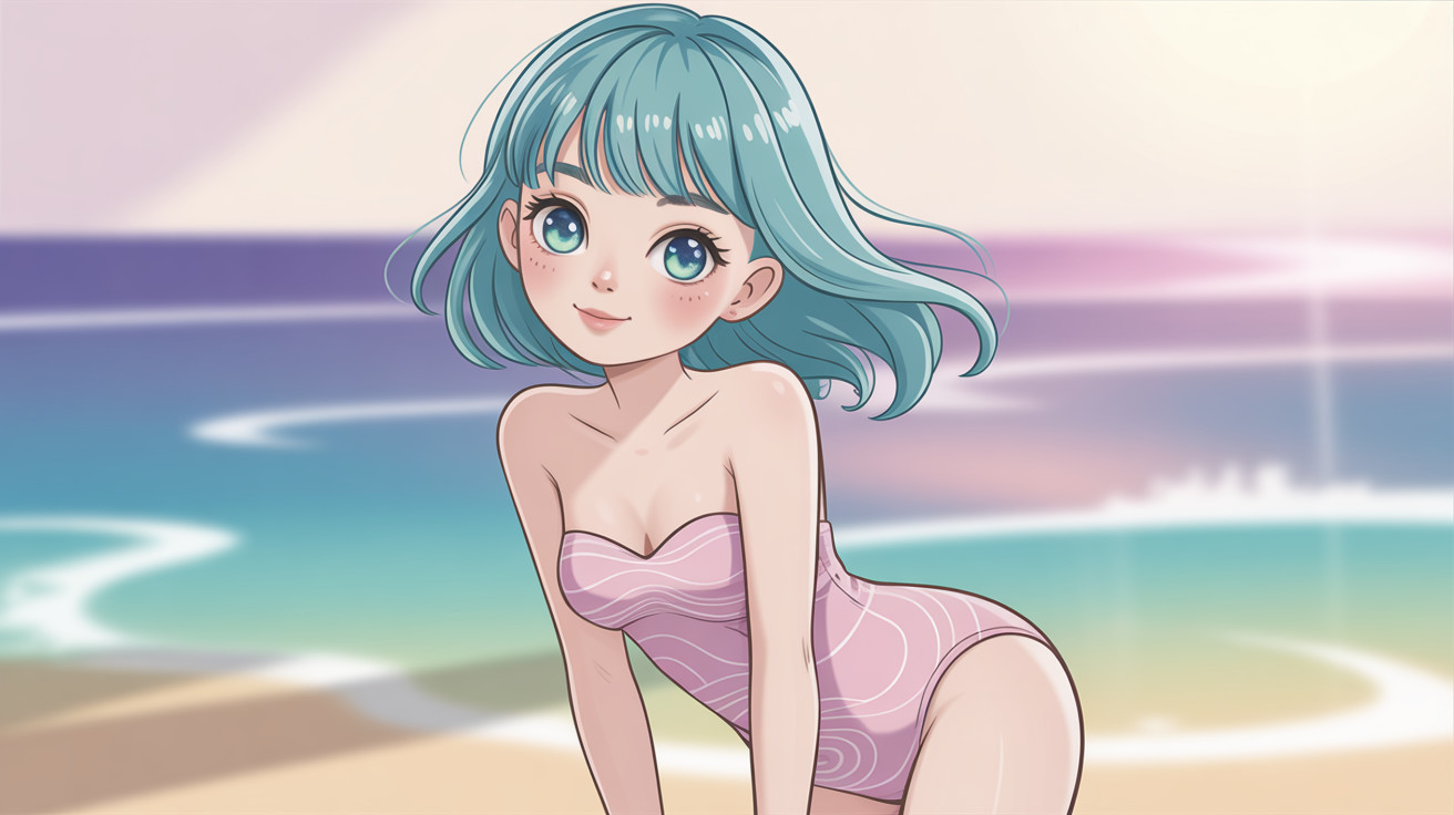 Anime girl in teal swimsuit at sunset beach scene