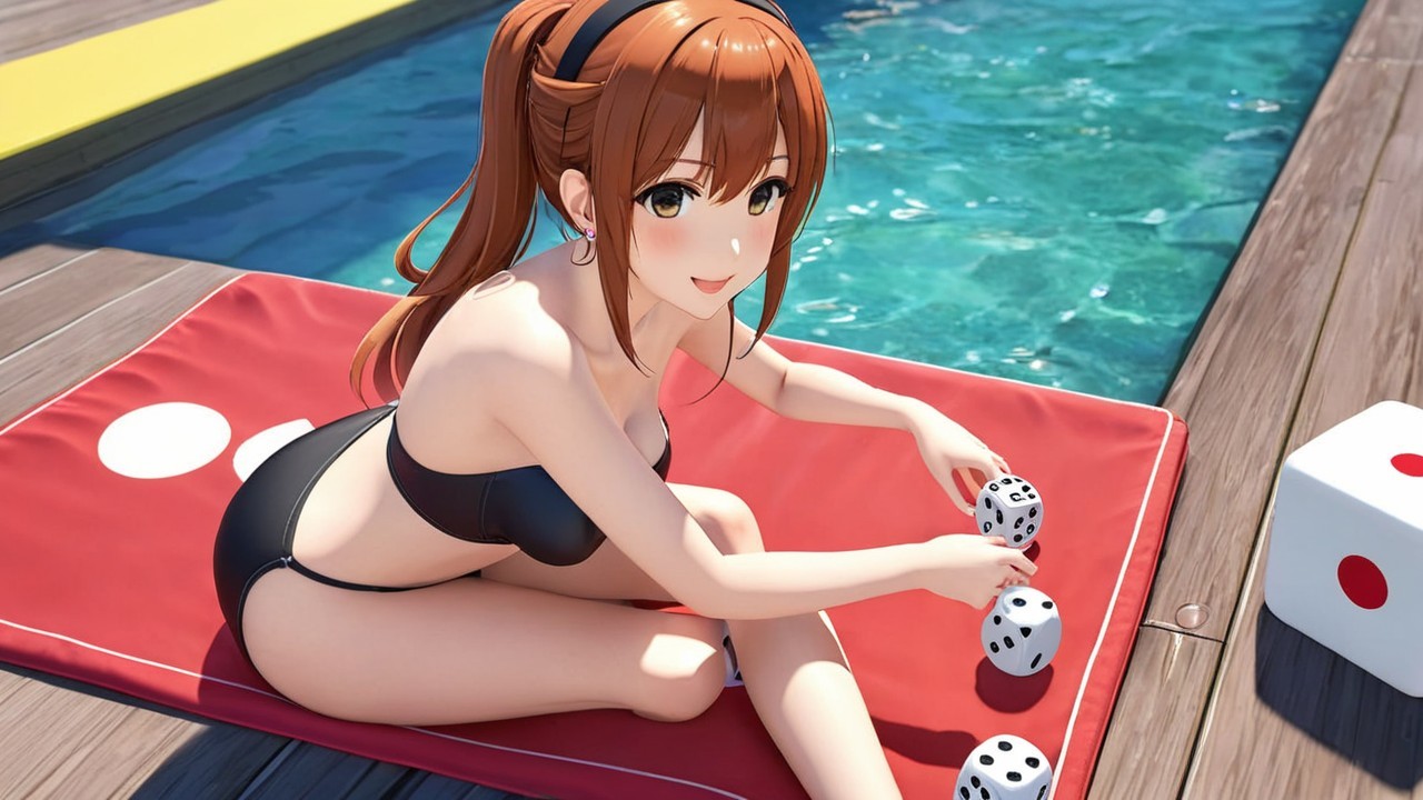 Cheerful anime girl by sparkling pool in black bikini