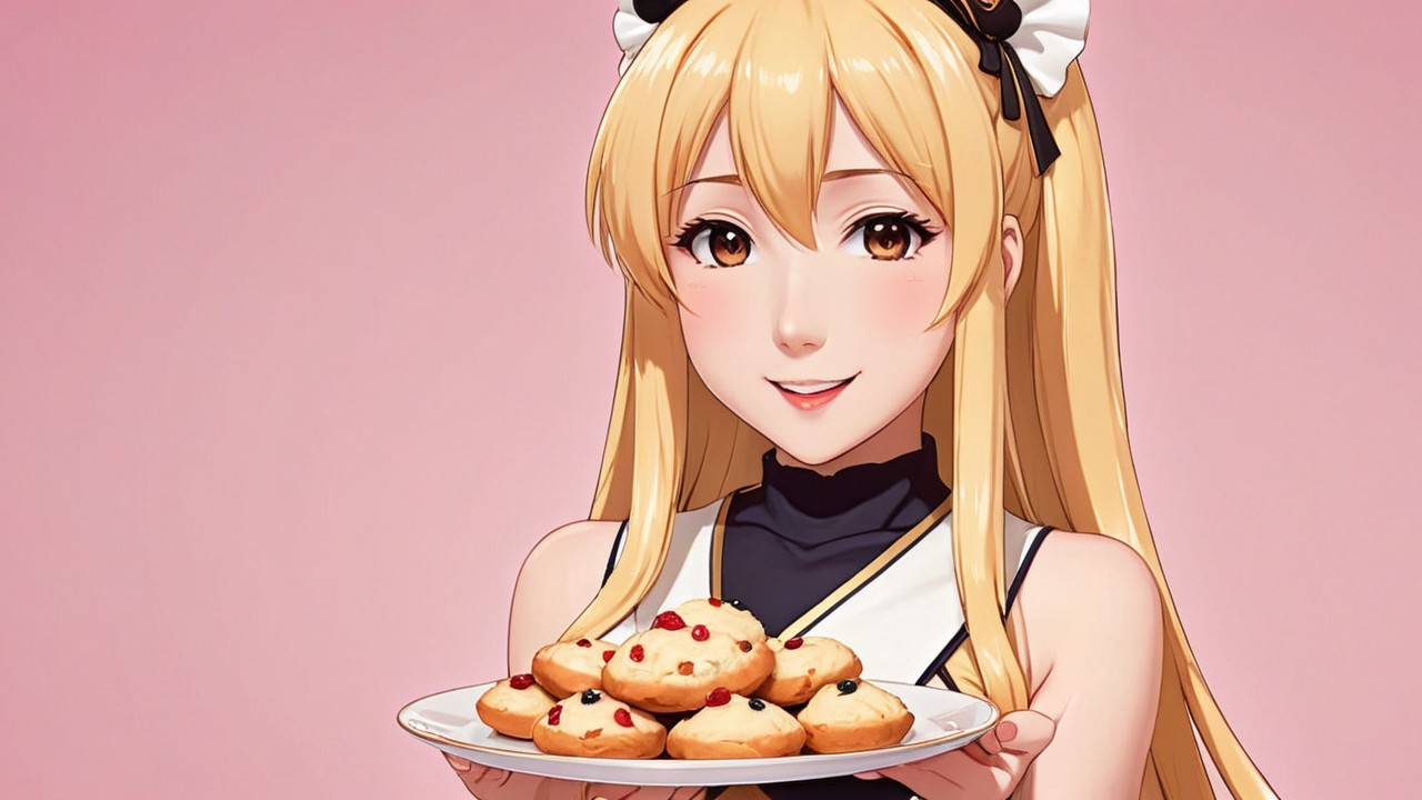 Anime-style girl with cookies on a pink background