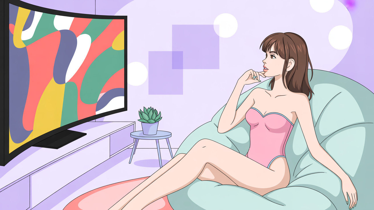 Young woman in pink top seated with colorful TV display